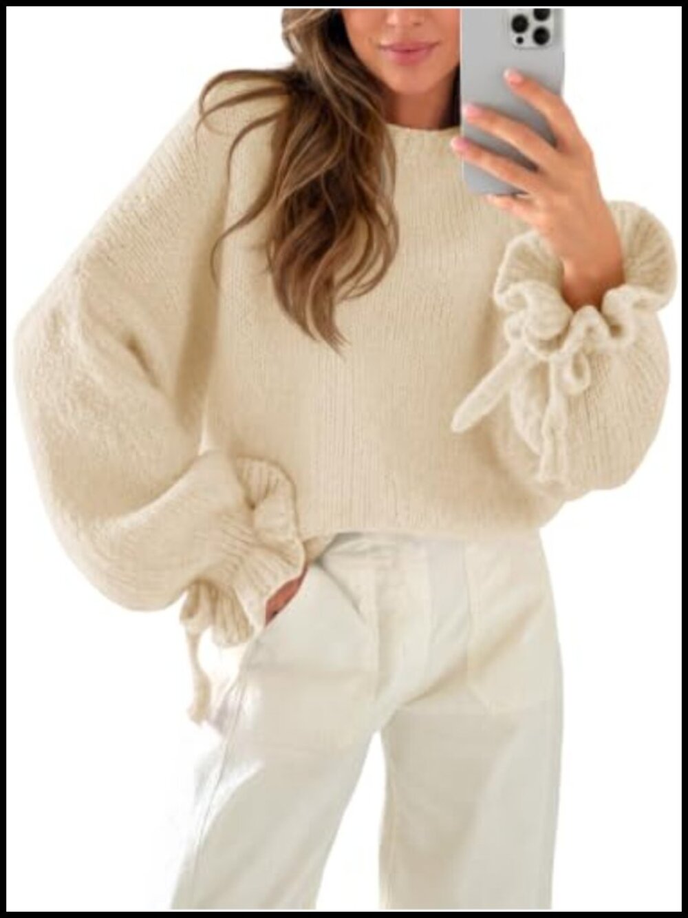 Womens Ruffle Sleeve Chunky Knit Sweater Oversized Crew Neck Long Sleeve Top